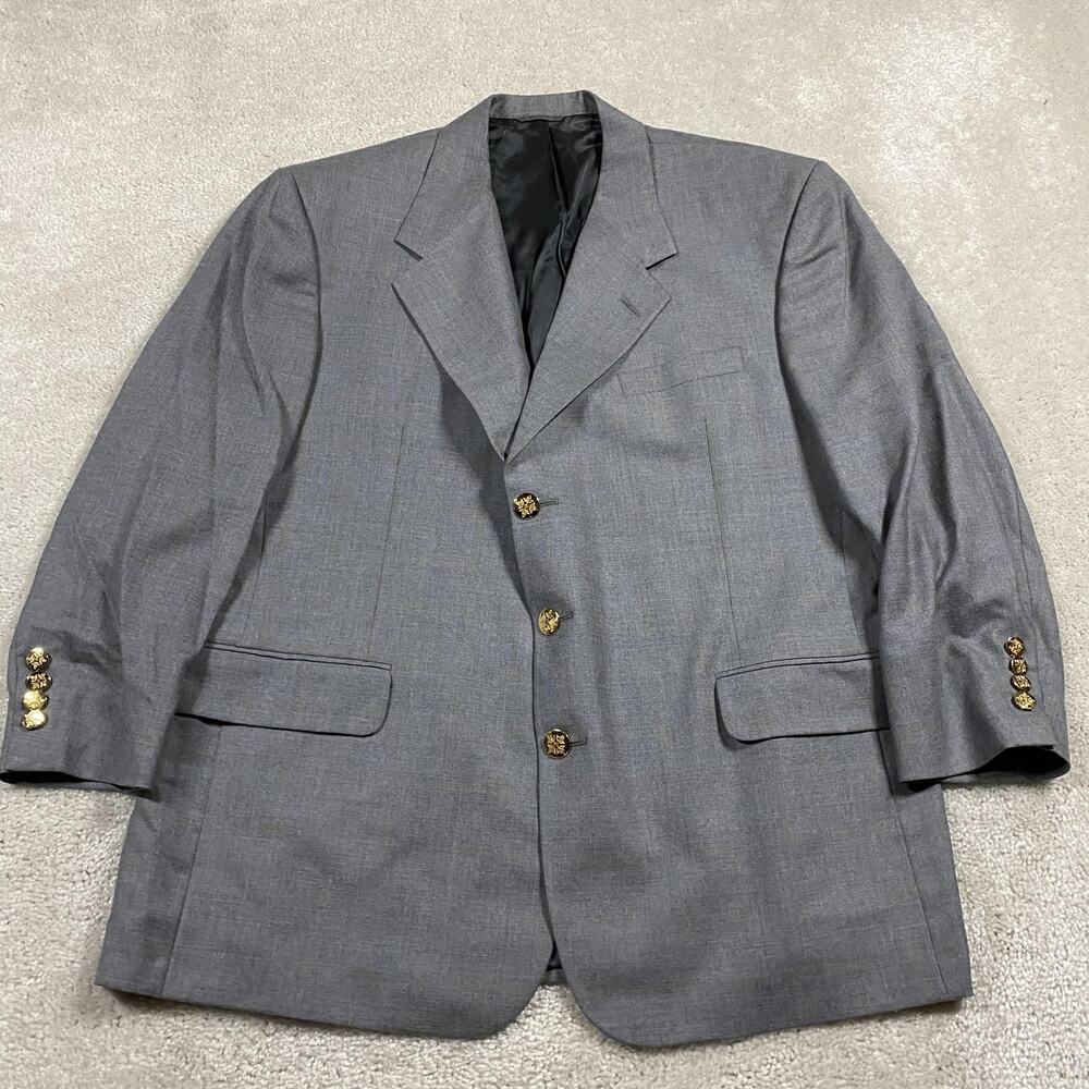 Tom‎ James Blazer Mens 46S Gray Windowpane 3 Button Gold Buttons Preppy Wedding